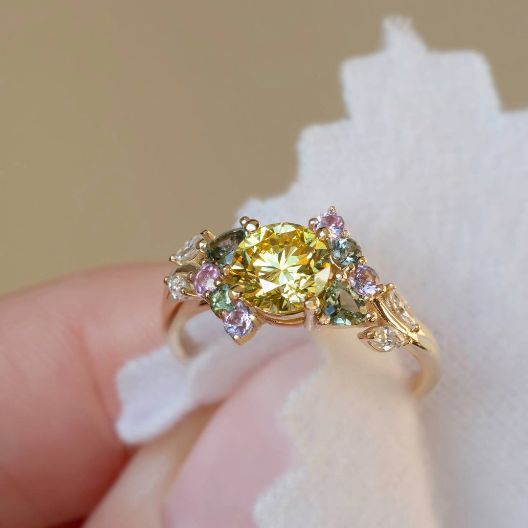 Enchanted Garden Ring Nature Inspired Yellow Diamond & Sapphire Engagement Ring 14K Gold