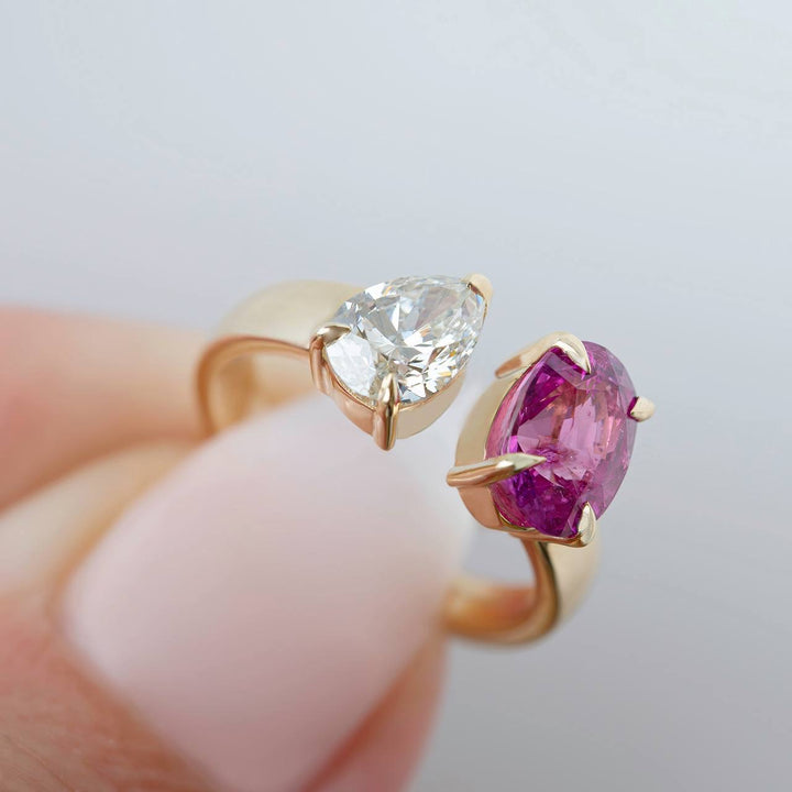 Toi et Moi Ring with Pear Diamond and Oval Pink Sapphire 14K Gold