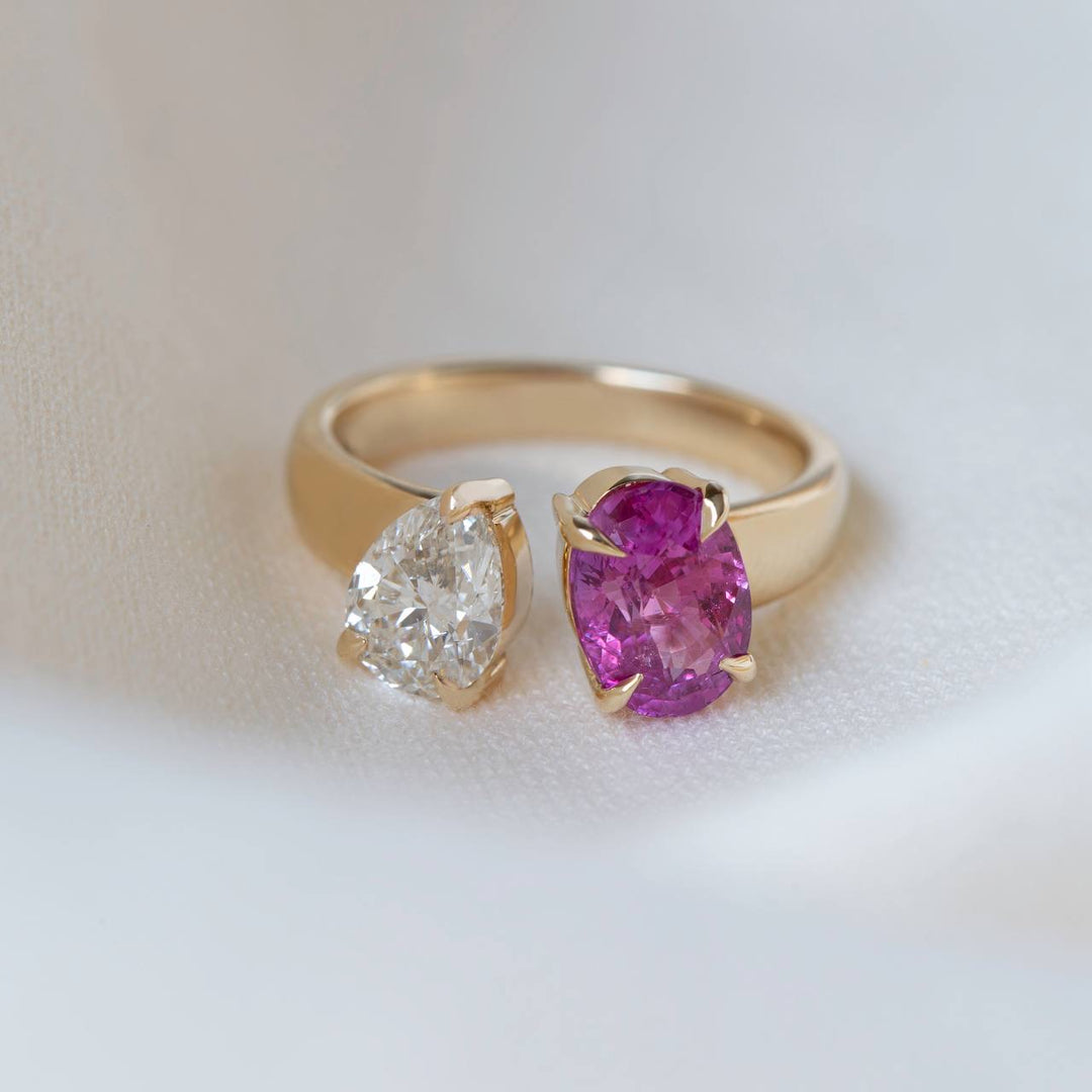 Toi et Moi Ring with Pear Diamond and Oval Pink Sapphire 14K Gold