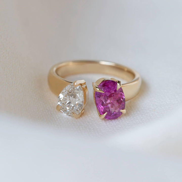 Toi et Moi Ring with Pear Diamond and Oval Pink Sapphire 14K Gold