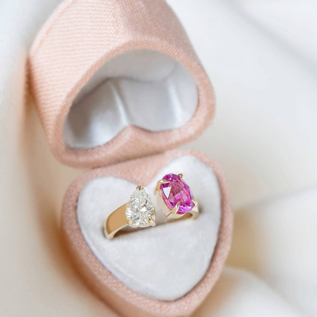 Toi et Moi Ring with Pear Diamond and Oval Pink Sapphire 14K Gold