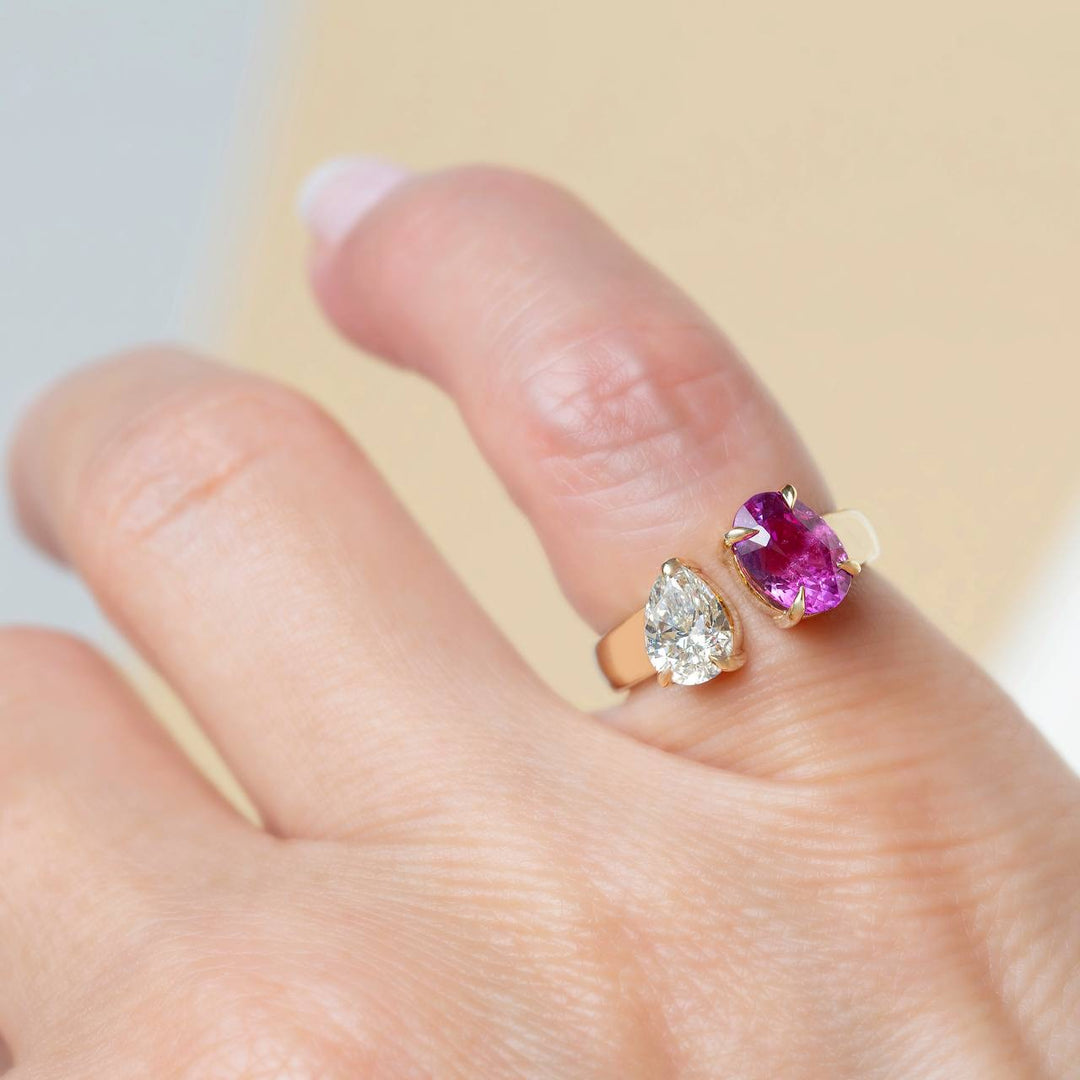 Toi et Moi Ring with Pear Diamond and Oval Pink Sapphire 14K Gold