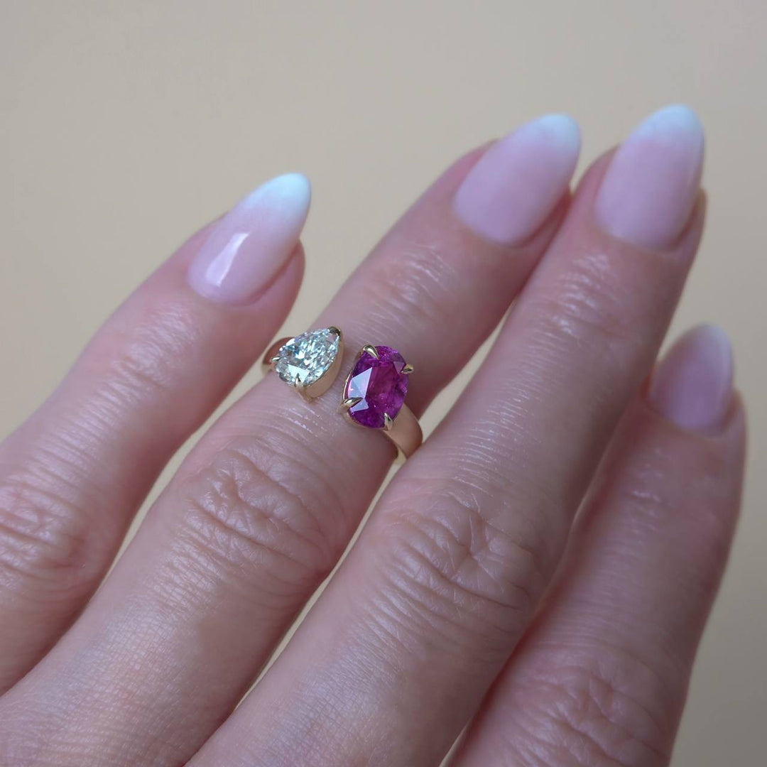 Toi et Moi Ring with Pear Diamond and Oval Pink Sapphire 14K Gold