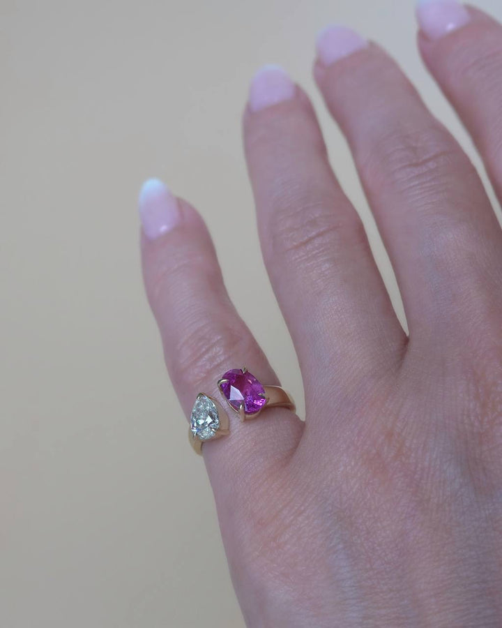 Toi et Moi Ring with Pear Diamond and Oval Pink Sapphire 14K Gold