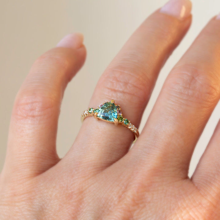 Trillion Parti Color Sapphire Cluster Engagement Ring w/ Apple Green Diamonds, Pink and Blue Sapphires 14K Rose Gold