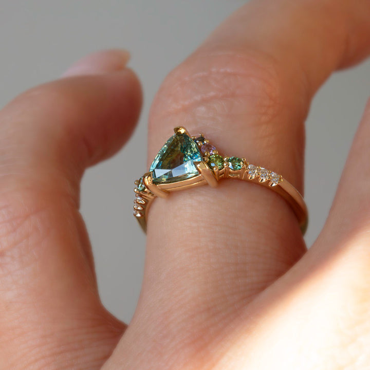 Trillion Parti Color Sapphire Cluster Engagement Ring w/ Apple Green Diamonds, Pink and Blue Sapphires 14K Rose Gold