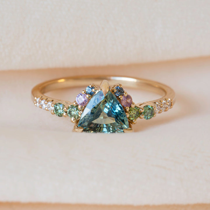 Trillion Parti Color Sapphire Cluster Engagement Ring w/ Apple Green Diamonds, Pink and Blue Sapphires 14K Rose Gold
