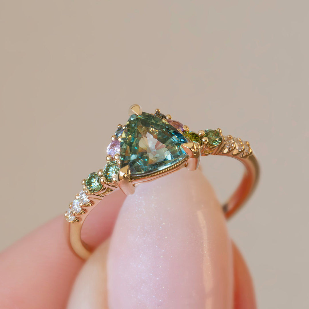 Trillion Parti Color Sapphire Cluster Engagement Ring w/ Apple Green Diamonds, Pink and Blue Sapphires 14K Rose Gold