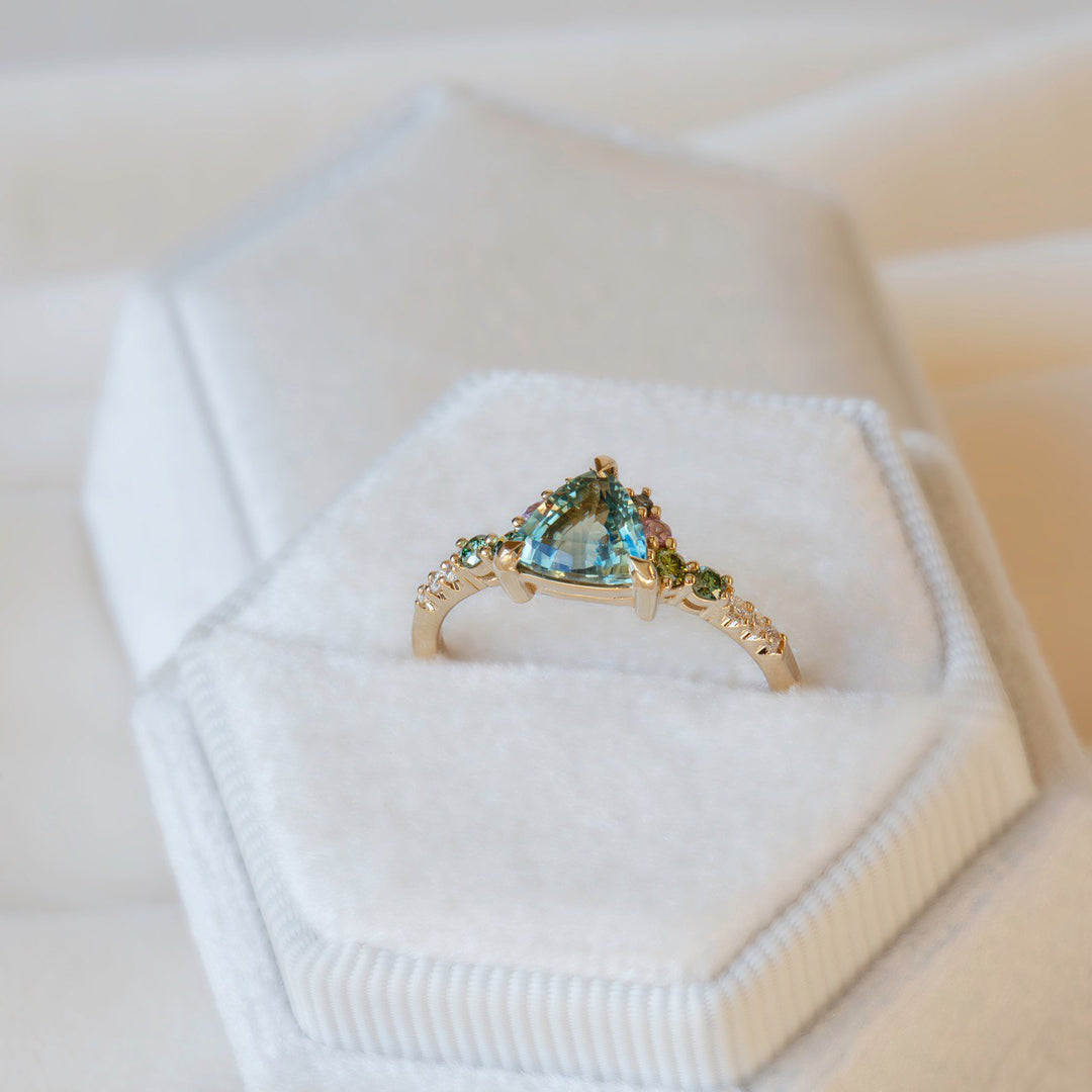 Trillion Parti Color Sapphire Cluster Engagement Ring w/ Apple Green Diamonds, Pink and Blue Sapphires 14K Rose Gold