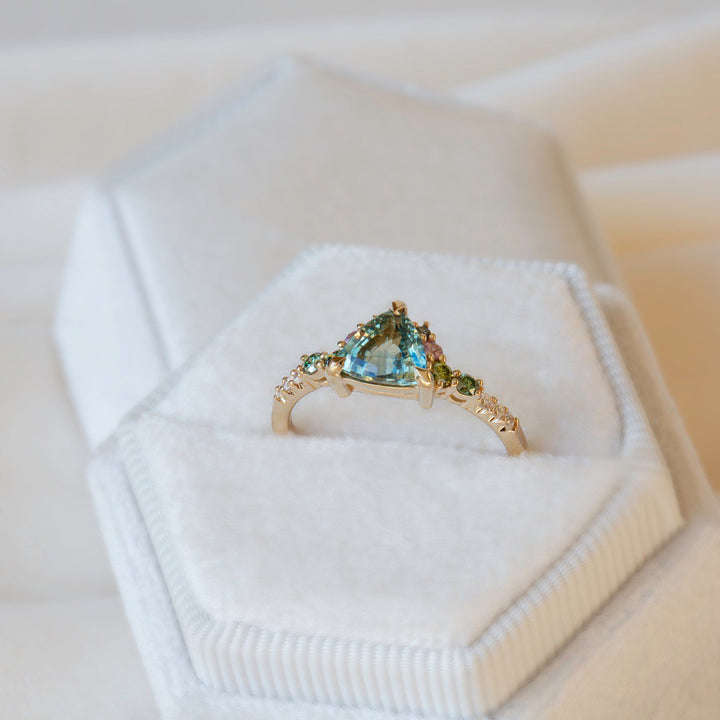 Trillion Parti Color Sapphire Cluster Engagement Ring w/ Apple Green Diamonds, Pink and Blue Sapphires 14K Rose Gold