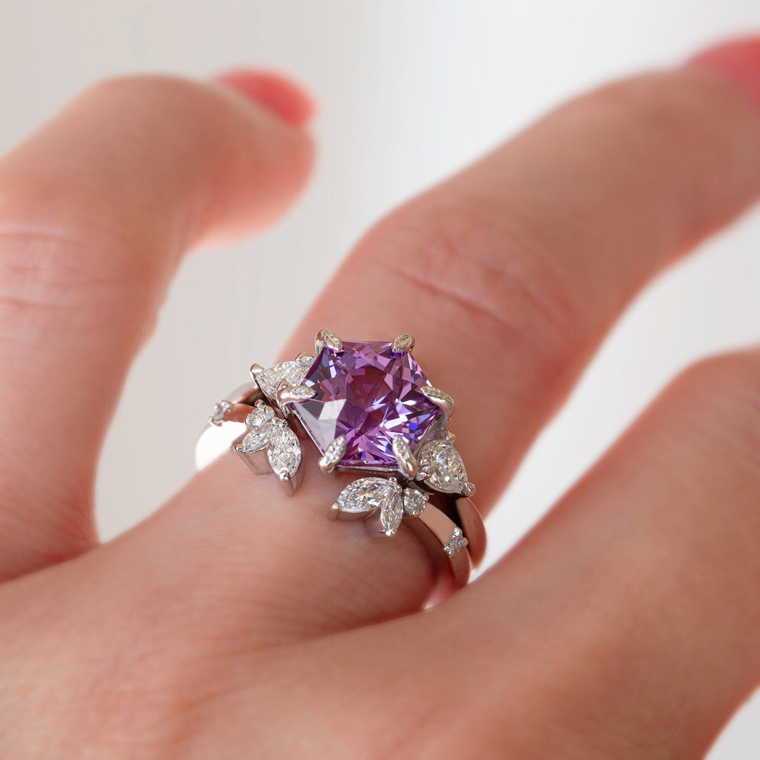 Pink Sapphire & Diamond Floral Engagement Ring Set 14K Gold