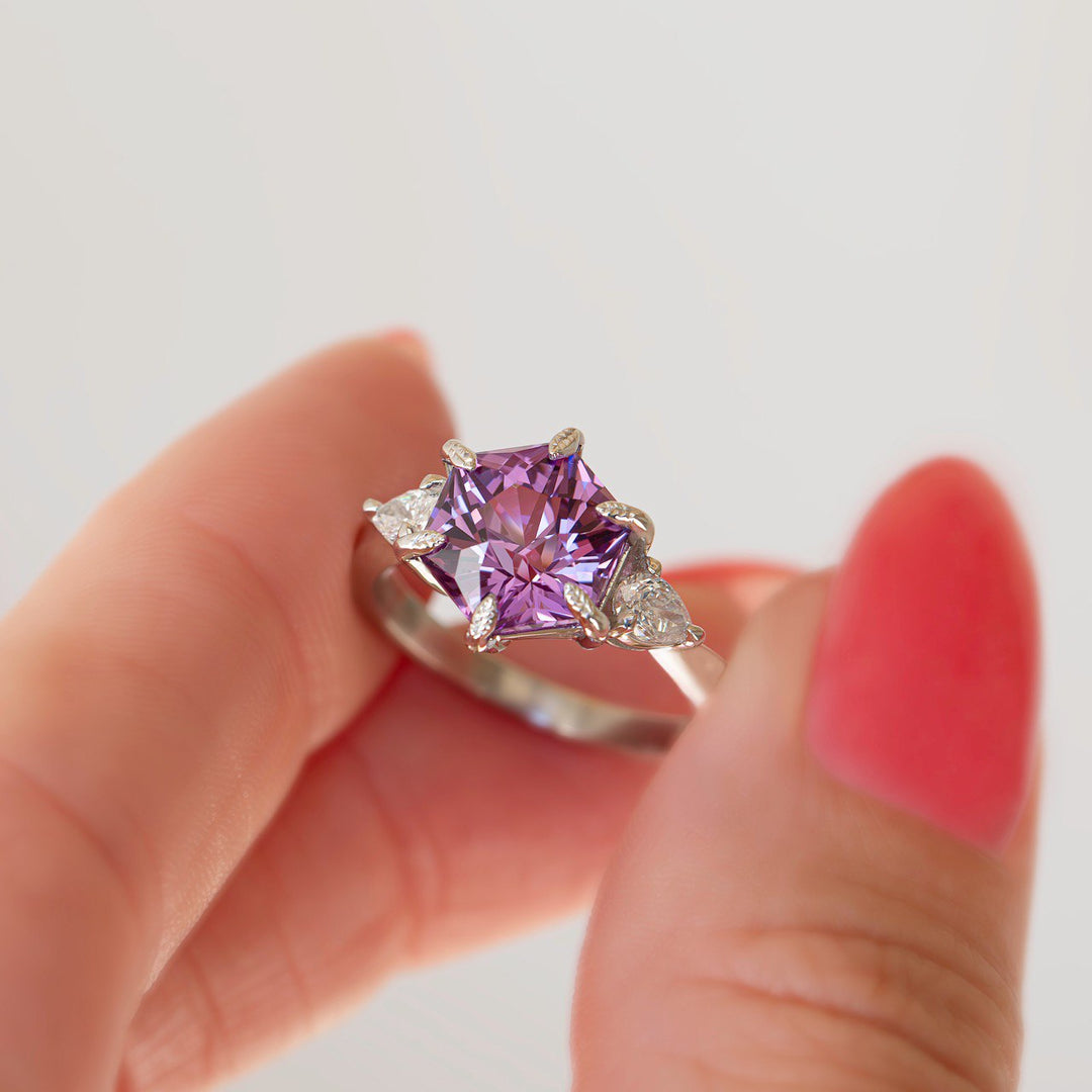 Pink Sapphire & Diamond Floral Engagement Ring Set 14K Gold