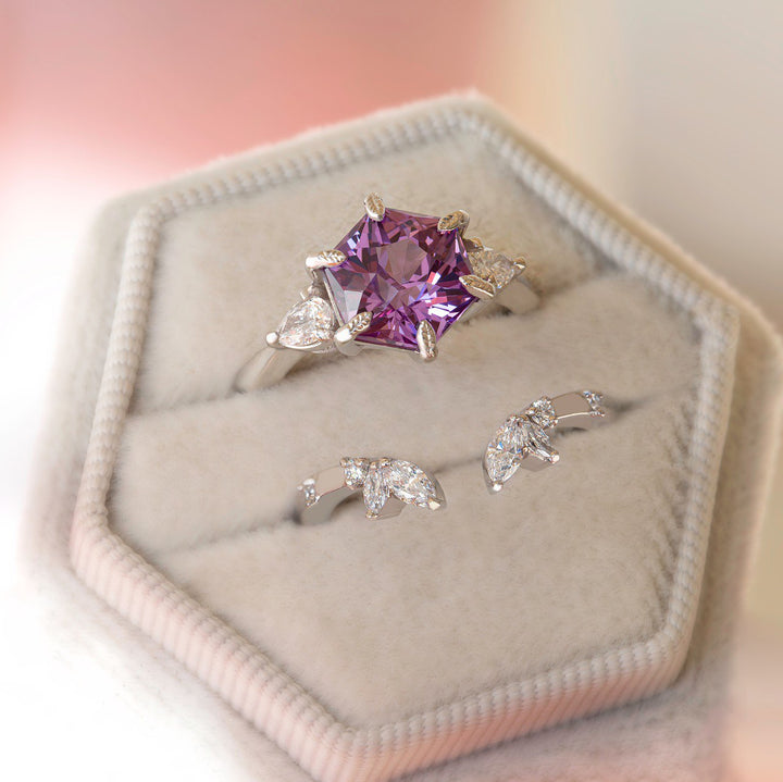 Pink Sapphire & Diamond Floral Engagement Ring Set 14K Gold