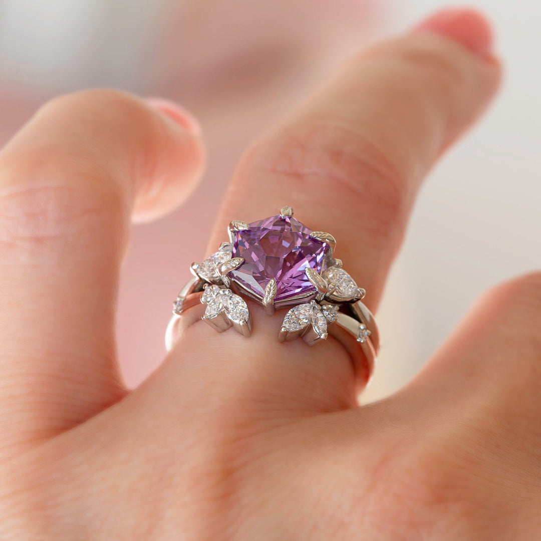 Pink Sapphire & Diamond Floral Engagement Ring Set 14K Gold