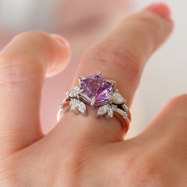 Pink Sapphire & Diamond Floral Engagement Ring Set 14K Gold