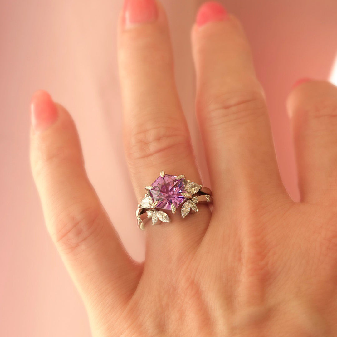 Pink Sapphire & Diamond Floral Engagement Ring Set 14K Gold