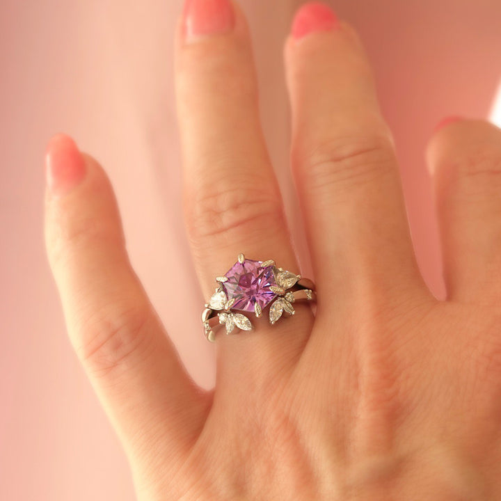 Pink Sapphire & Diamond Floral Engagement Ring Set 14K Gold