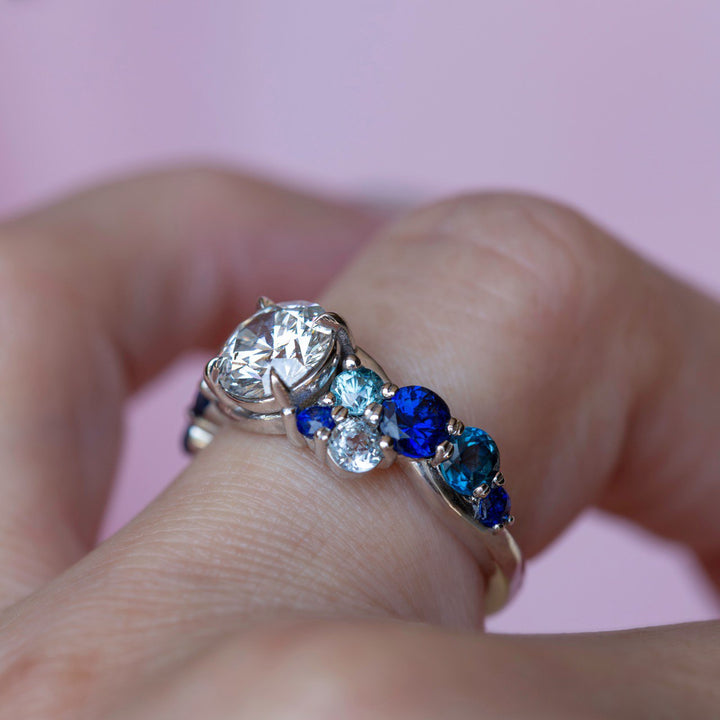Bubbles-Inspired Diamond, Sapphire & Aquamarine Cluster Engagement Ring 14K Gold
