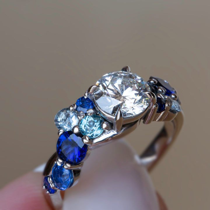 Bubbles-Inspired Diamond, Sapphire & Aquamarine Cluster Engagement Ring 14K Gold