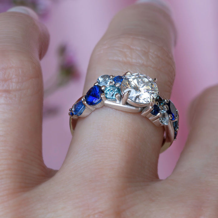 Bubbles-Inspired Diamond, Sapphire & Aquamarine Cluster Engagement Ring 14K Gold