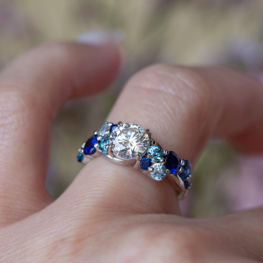 Bubbles-Inspired Diamond, Sapphire & Aquamarine Cluster Engagement Ring 14K Gold