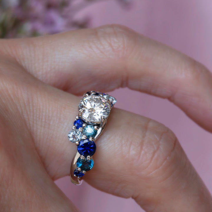 Bubbles-Inspired Diamond, Sapphire & Aquamarine Cluster Engagement Ring 14K Gold