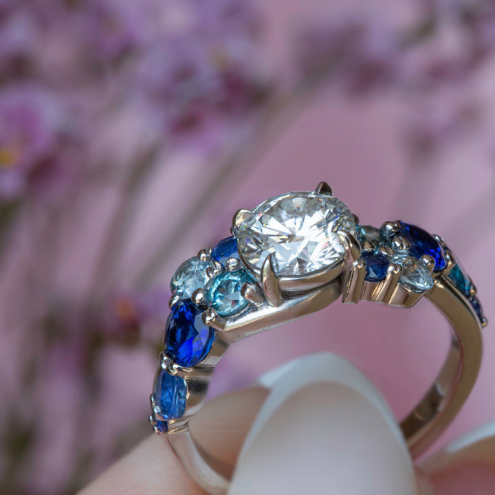 Bubbles-Inspired Diamond, Sapphire & Aquamarine Cluster Engagement Ring 14K Gold