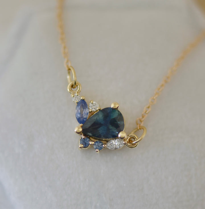 Pear Montana Sapphire Cluster Necklace 14K Gold