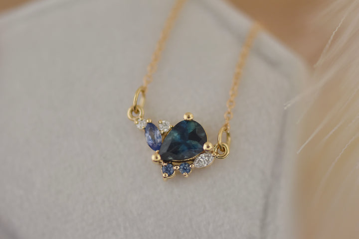 Pear Montana Sapphire Cluster Necklace 14K Gold