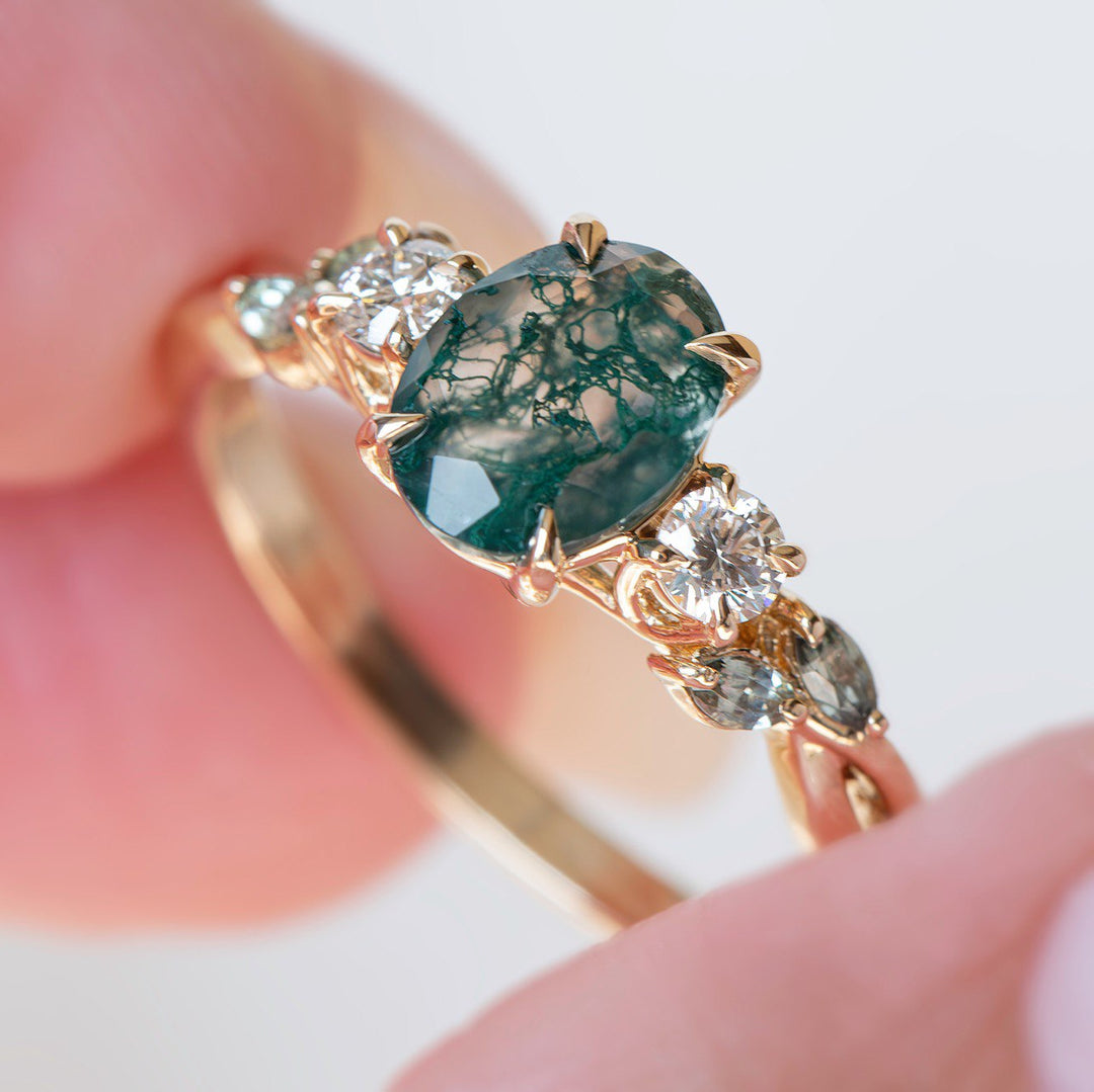 Nature Inspired Moss Agate Engagement Ring w/ Diamonds and Marquise Green Sapphires 14K Gold