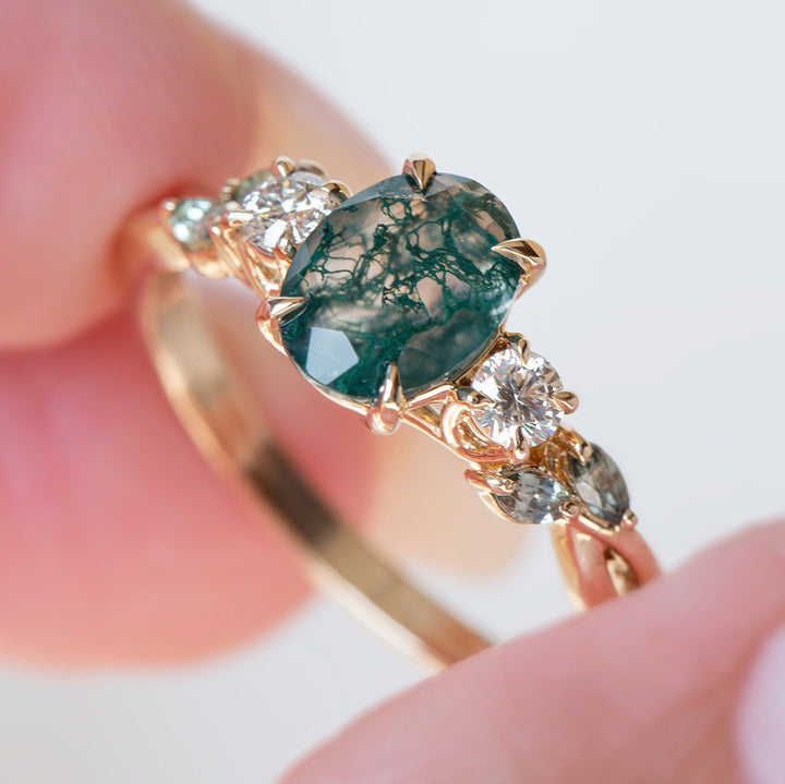 Nature Inspired Moss Agate Engagement Ring w/ Diamonds and Marquise Green Sapphires 14K Gold