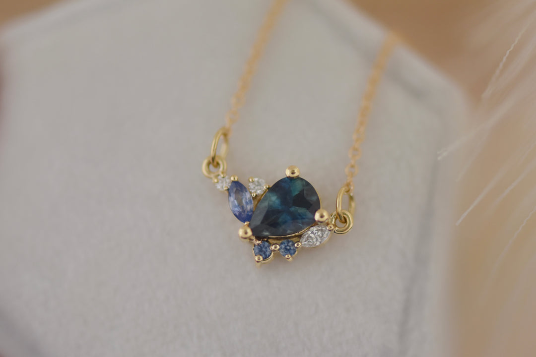 Pear Montana Sapphire Cluster Necklace 14K Gold