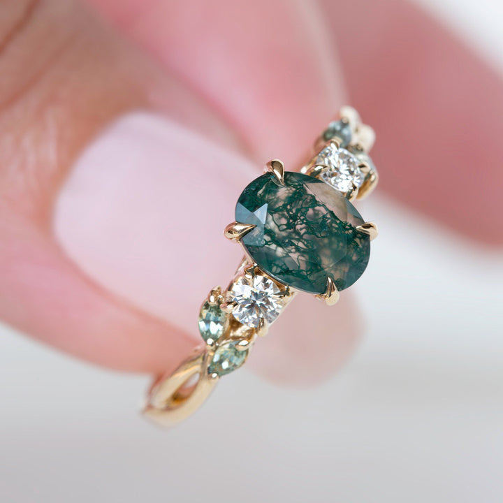 Nature Inspired Moss Agate Engagement Ring w/ Diamonds and Marquise Green Sapphires 14K Gold