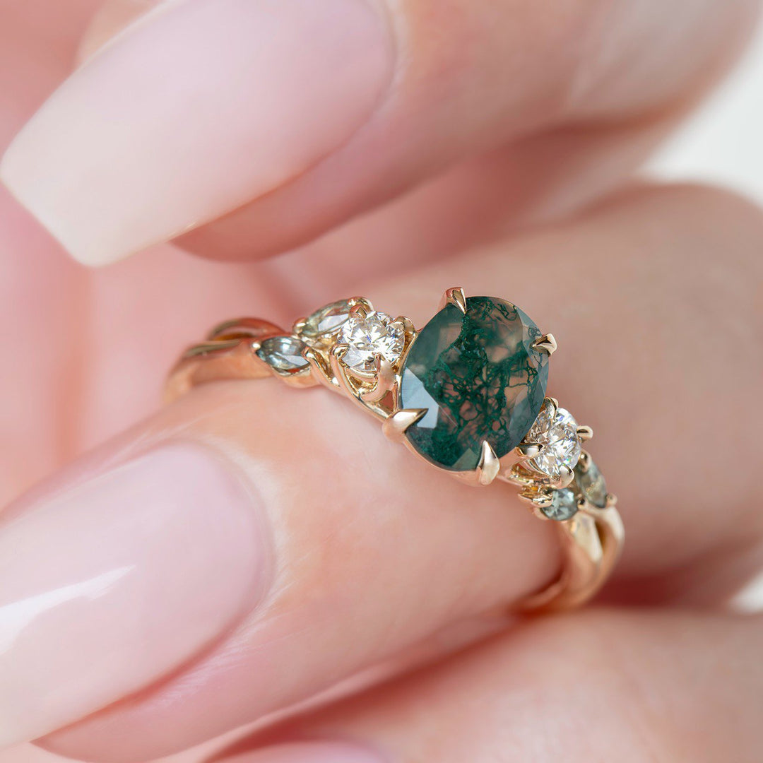 Nature Inspired Moss Agate Engagement Ring w/ Diamonds and Marquise Green Sapphires 14K Gold