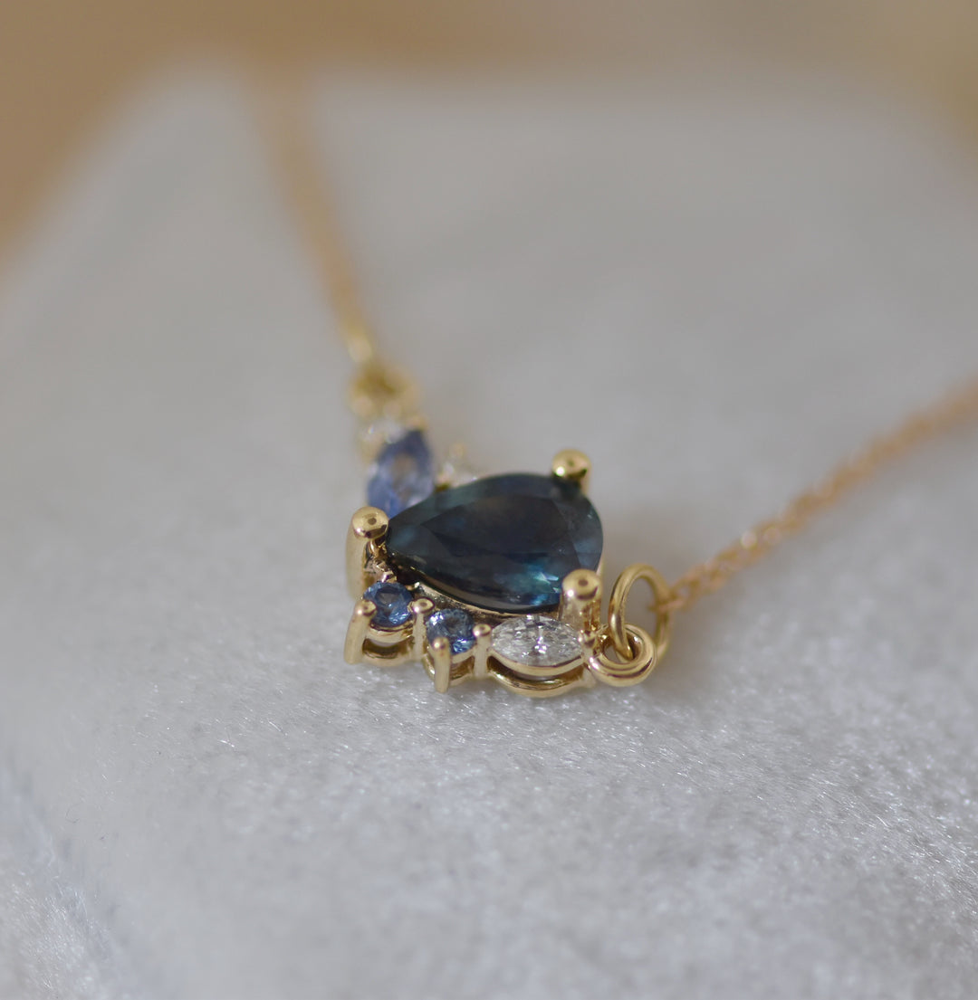 Pear Montana Sapphire Cluster Necklace 14K Gold