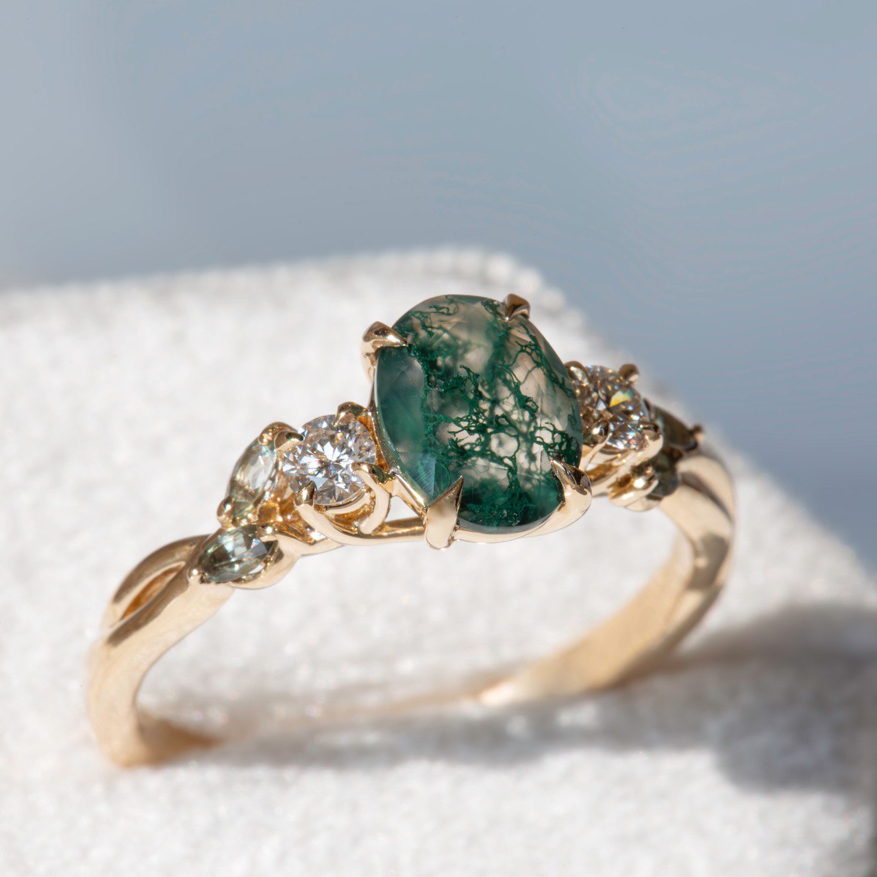 Nature Inspired Moss Agate Engagement Ring w/ Diamonds and