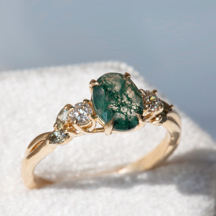 Nature Inspired Moss Agate Engagement Ring w/ Diamonds and Marquise Green Sapphires 14K Gold