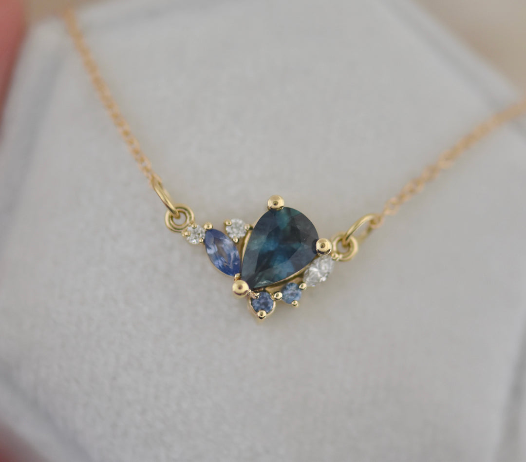 Pear Montana Sapphire Cluster Necklace 14K Gold