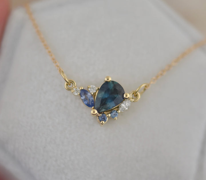 Pear Montana Sapphire Cluster Necklace 14K Gold