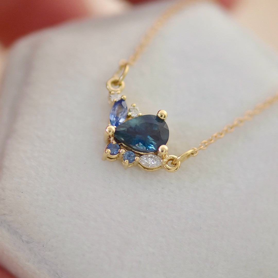 Pear Montana Sapphire Cluster Necklace 14K Gold