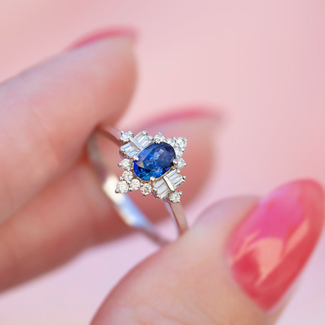 Blue Sapphire Engagement Ring with Diamonds 18K White Gold, Art Deco Style Ring