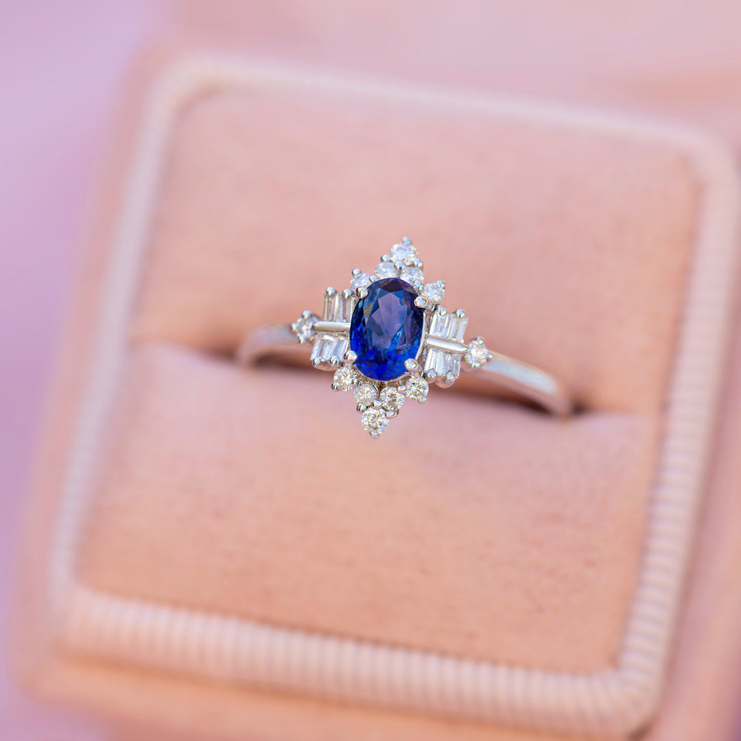 Blue Sapphire Engagement Ring with Diamonds 18K White Gold, Art Deco Style Ring