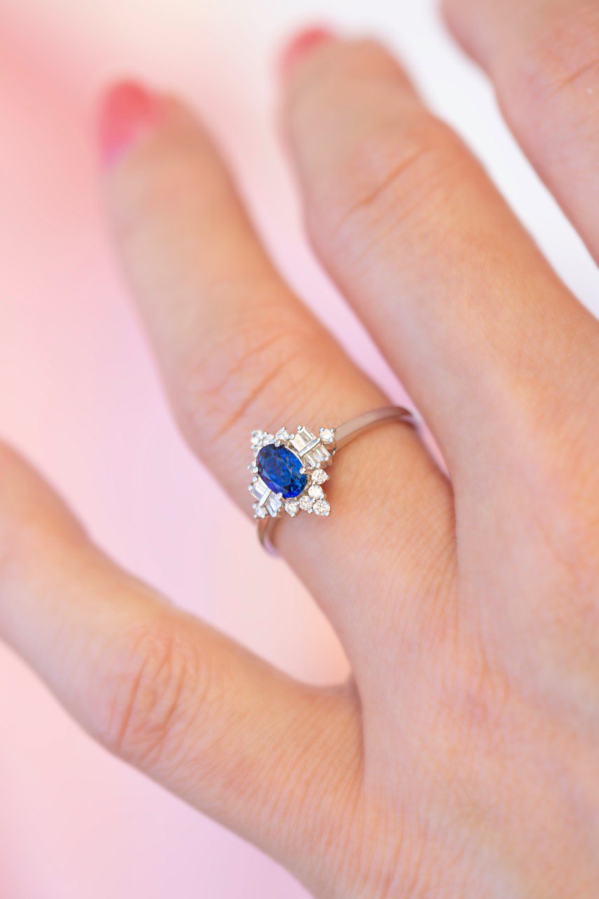 Blue Sapphire Engagement Ring with Diamonds 18K White Gold, Art Deco Style Ring