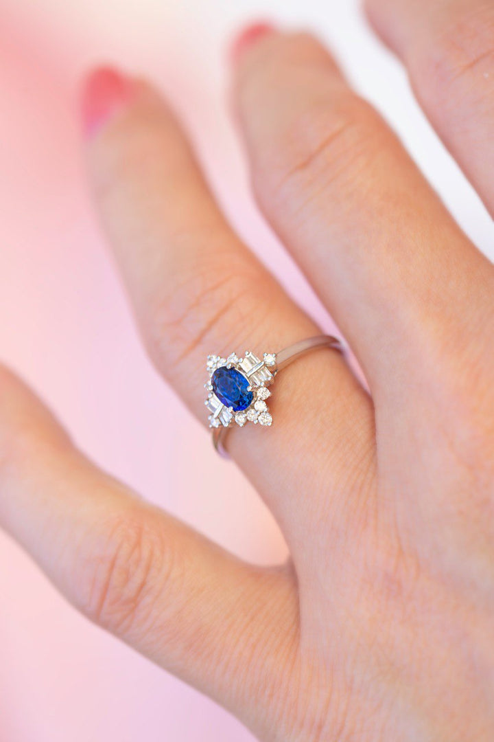 Blue Sapphire Engagement Ring with Diamonds 18K White Gold, Art Deco Style Ring