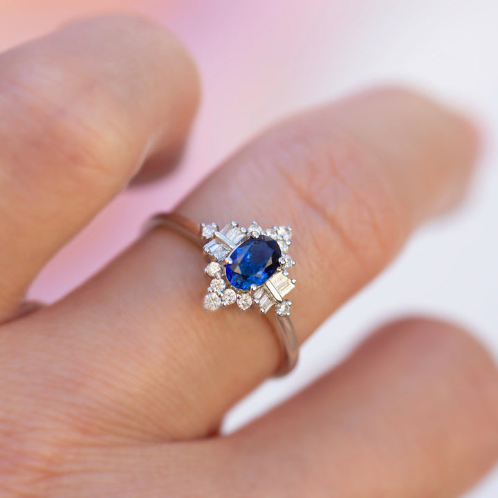 Blue Sapphire Engagement Ring with Diamonds 18K White Gold, Art Deco Style Ring