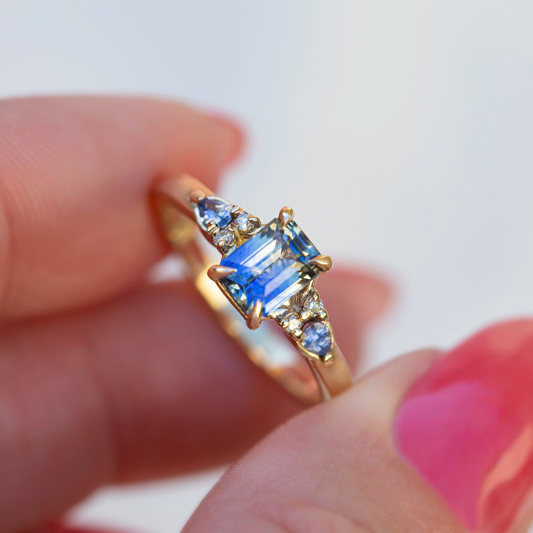 Emerald Cut Pastel Blue Sapphire Engagement Ring w/ Diamonds 14K Gold