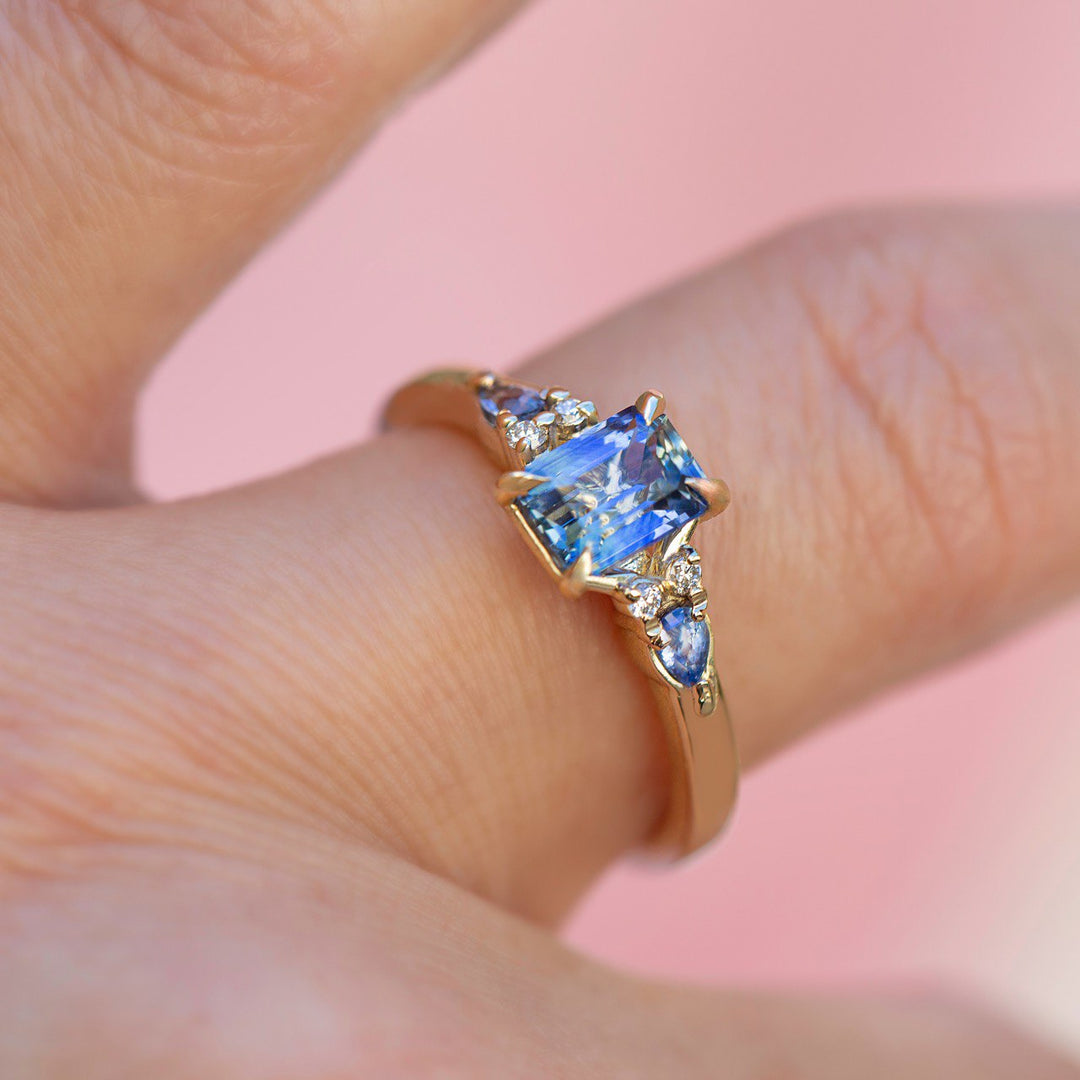 Emerald Cut Pastel Blue Sapphire Engagement Ring w/ Diamonds 14K Gold