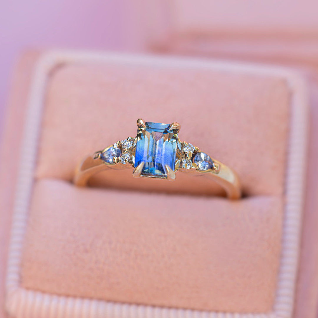 Emerald Cut Pastel Blue Sapphire Engagement Ring w/ Diamonds 14K Gold