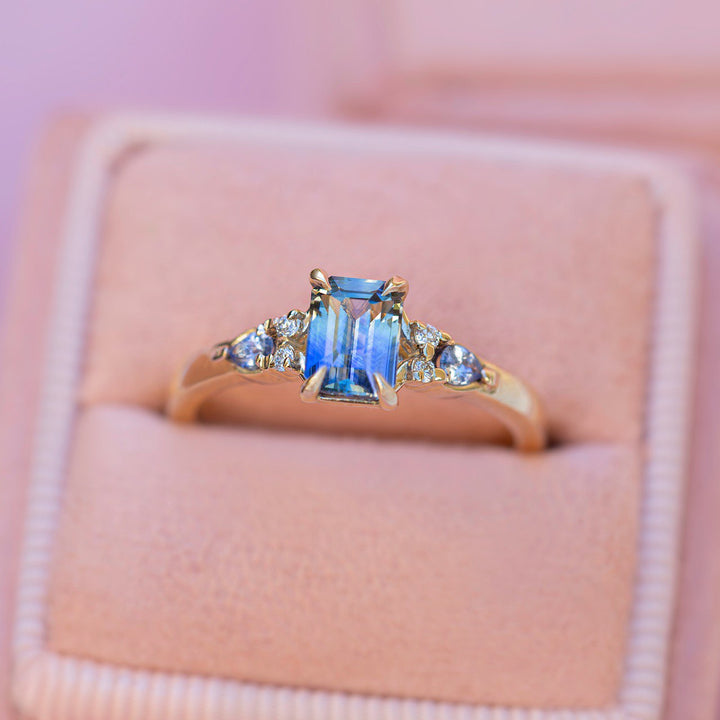 Emerald Cut Pastel Blue Sapphire Engagement Ring w/ Diamonds 14K Gold