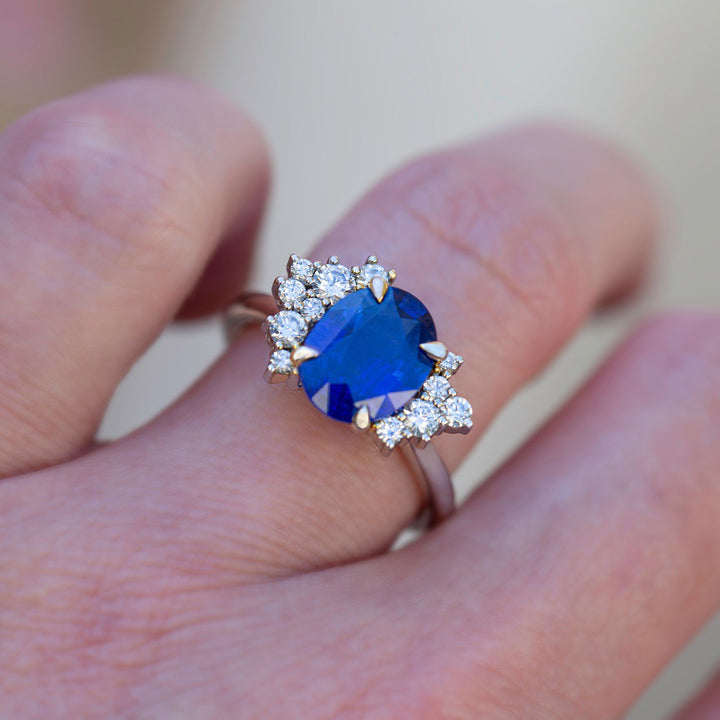 Oval Blue Sapphire Cluster Engagement Ring Set 14K Gold